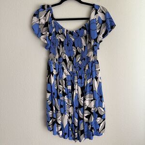 Free People Louise Floral Off The Shoulder Smocked Bodice Mini Dress Medium Blue